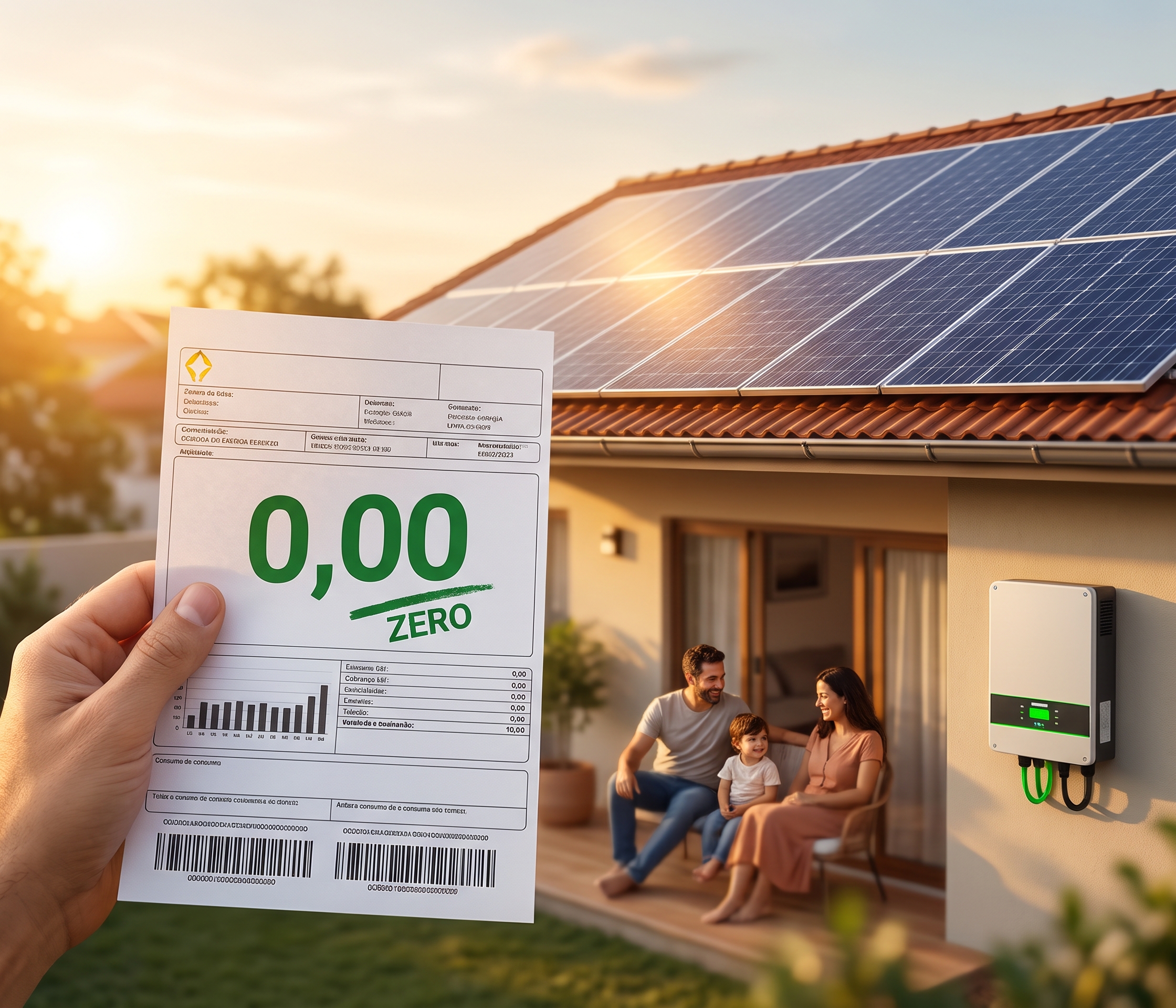 Conta de energia elétrica e painéis solares, representando a economia e as cobranças residuais da geração fotovoltaica