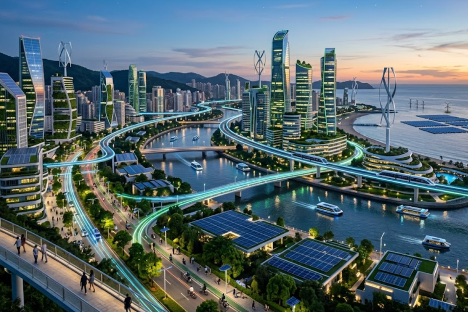 Cidade do futuro com painéis solares, baterias e mobilidade elétrica