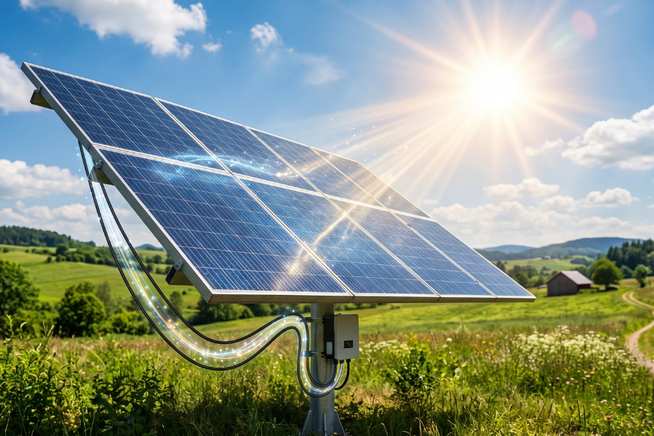 Células solares convertendo luz em eletricidade pelo efeito fotovoltaico