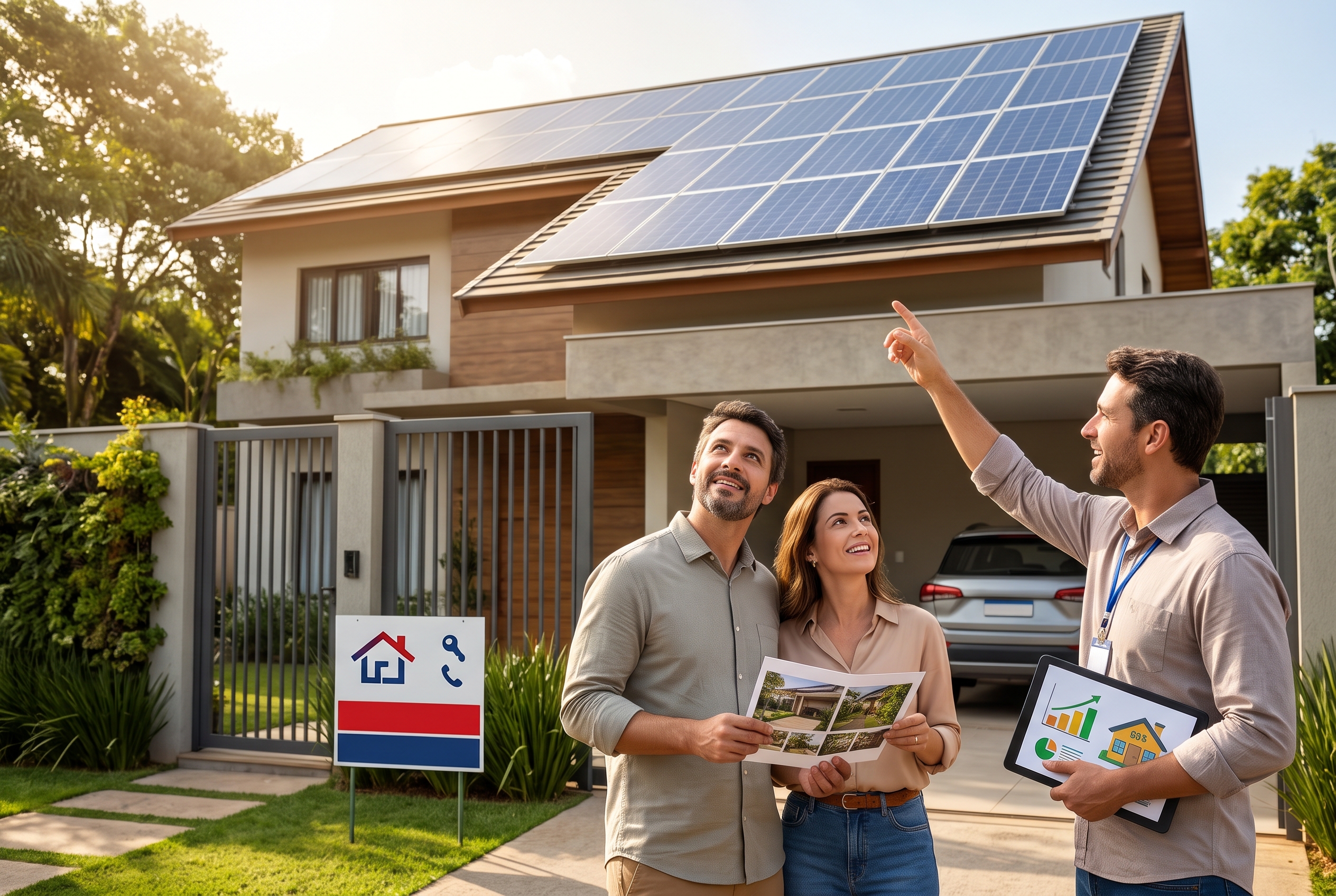 Casa com painéis solares no telhado, representando a avaliação do sistema fotovoltaico antes da venda do imóvel