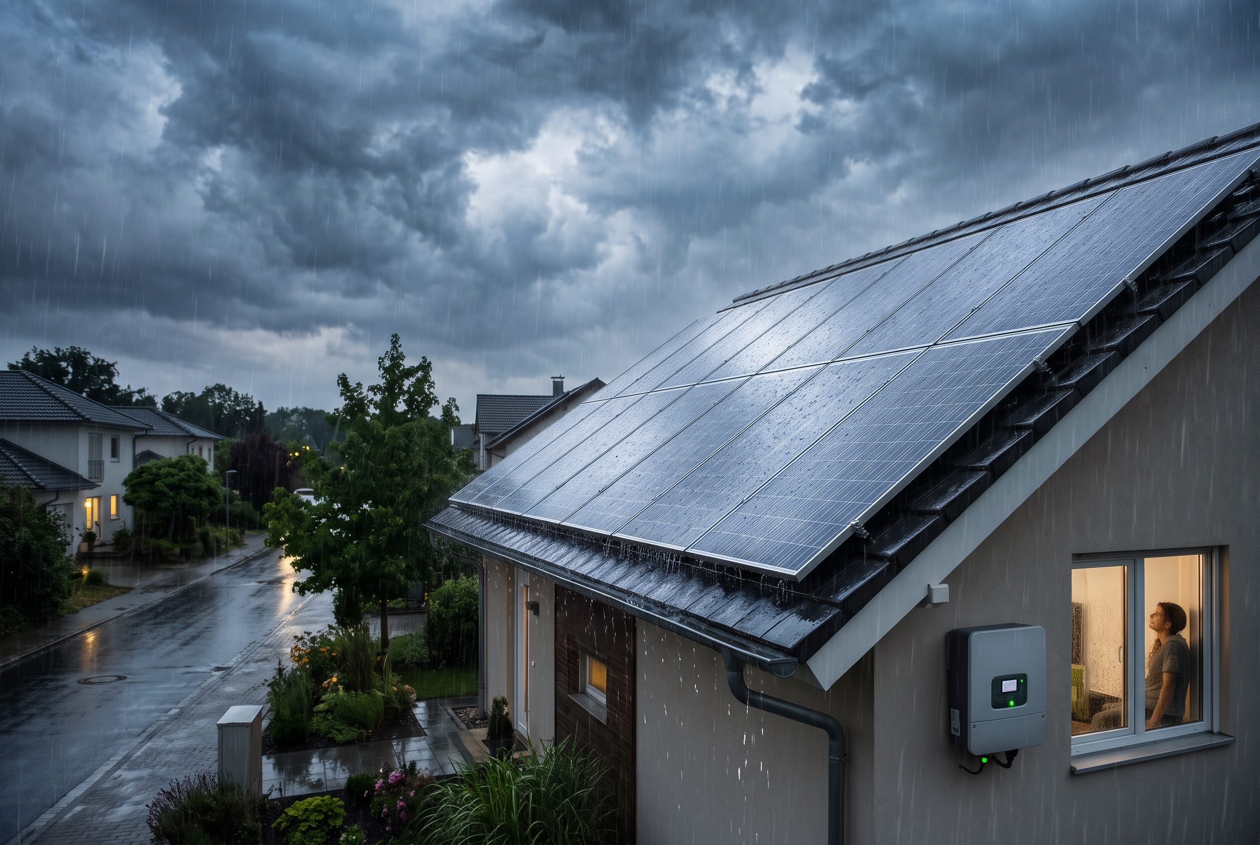 Painéis solares sob céu nublado e chuva, representando a variação da geração fotovoltaica com o clima