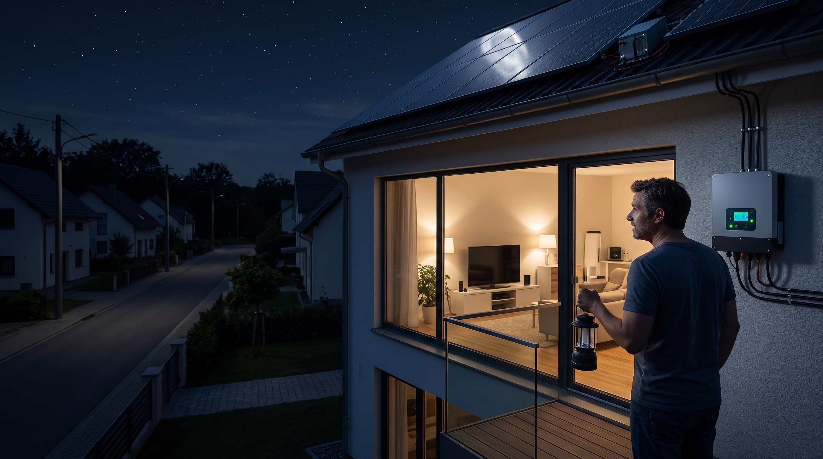 Sistema fotovoltaico com inversor e bateria de backup para alimentação de cargas essenciais durante falta de energia