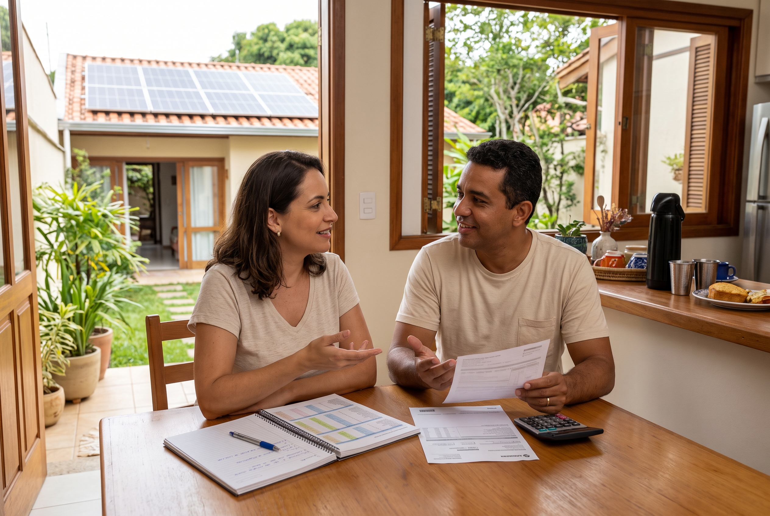 Planejamento financeiro de um projeto de energia solar, comparando pagamento à vista e financiamento