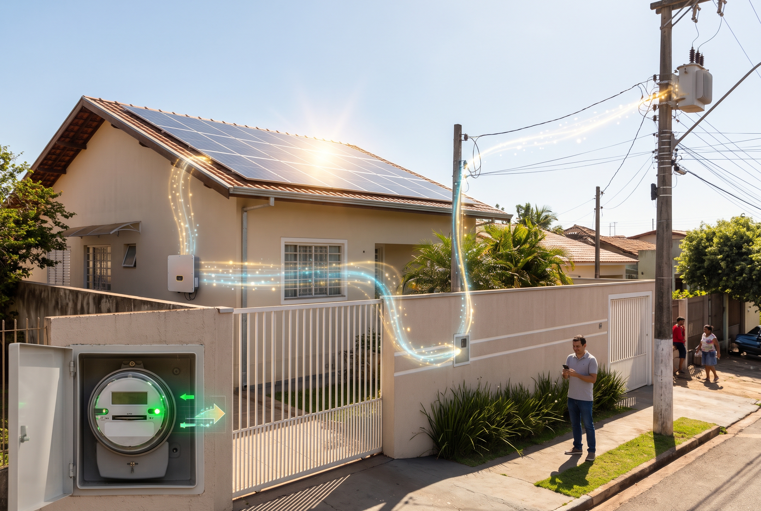 Painéis solares e medidor de energia, representando a injeção de excedentes na rede e a compensação de créditos