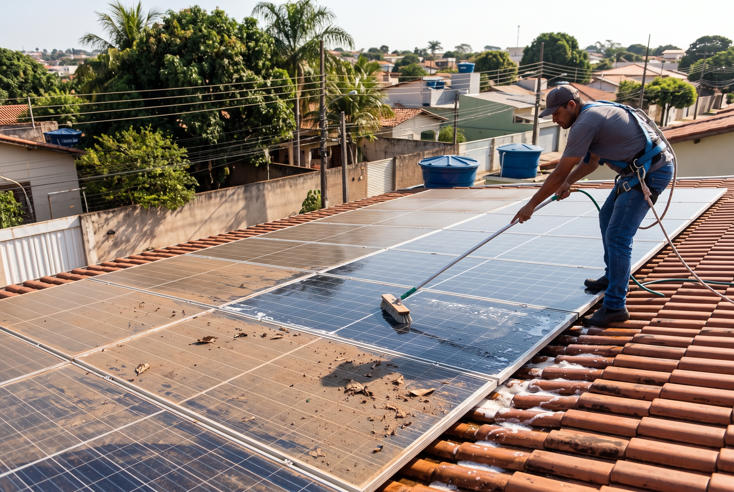 Módulos fotovoltaicos com acúmulo de poeira, representando a avaliação da necessidade de limpeza